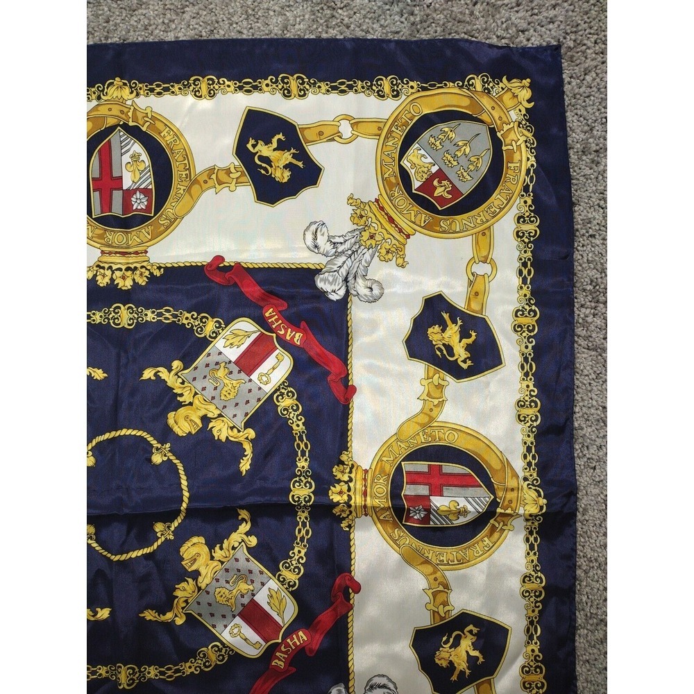 Basha Vintage Heraldic Print Scarf Hand Roll 30 in W X 30 in L Shield, Lion Gold - Picture 5 of 10